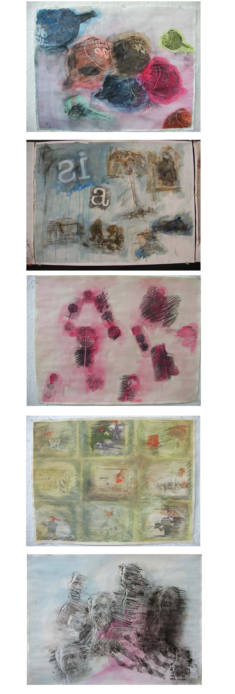 A series of mixed media paintings with graphite, watercolor and print