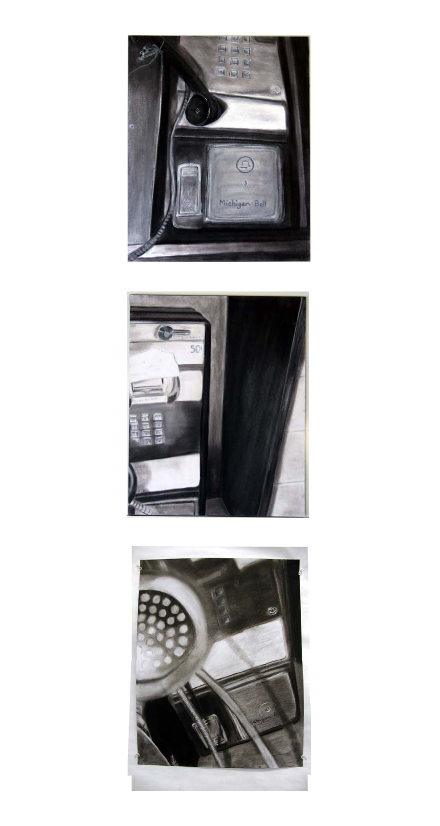 Series of graphite drawings depicting parts of a pay phone.