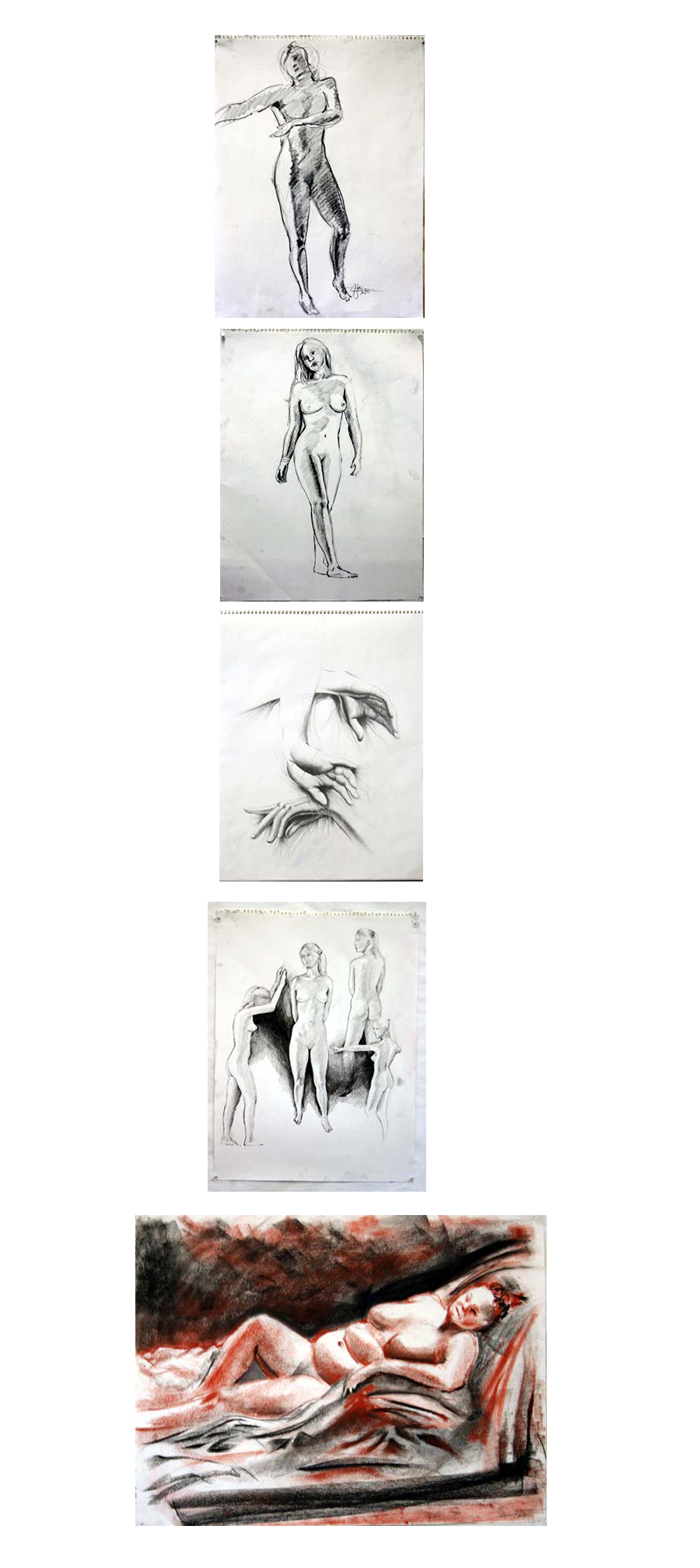 Live model figurative drawings created with charcoal, conte, and graphite pencils on paper.