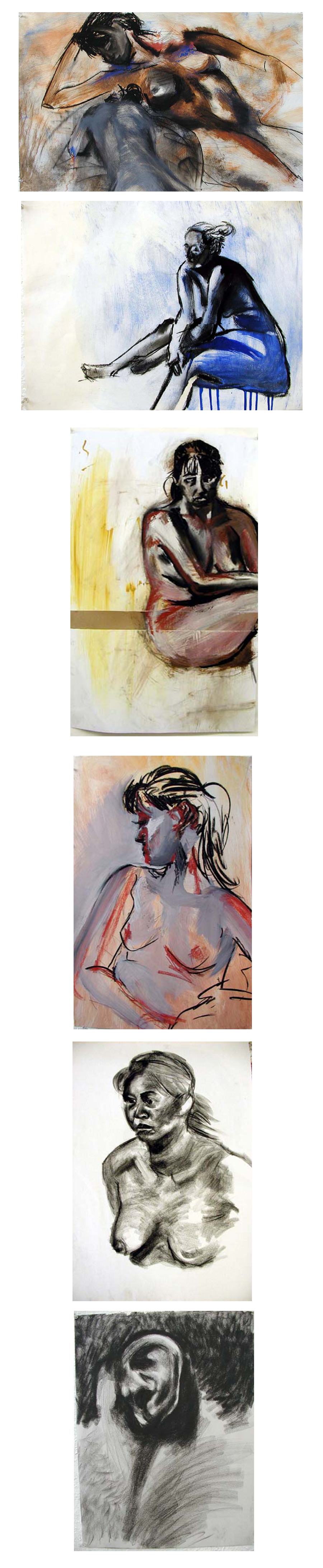 Live model figurative drawings created with charcoal, conte, gesso and graphite pencils on paper.