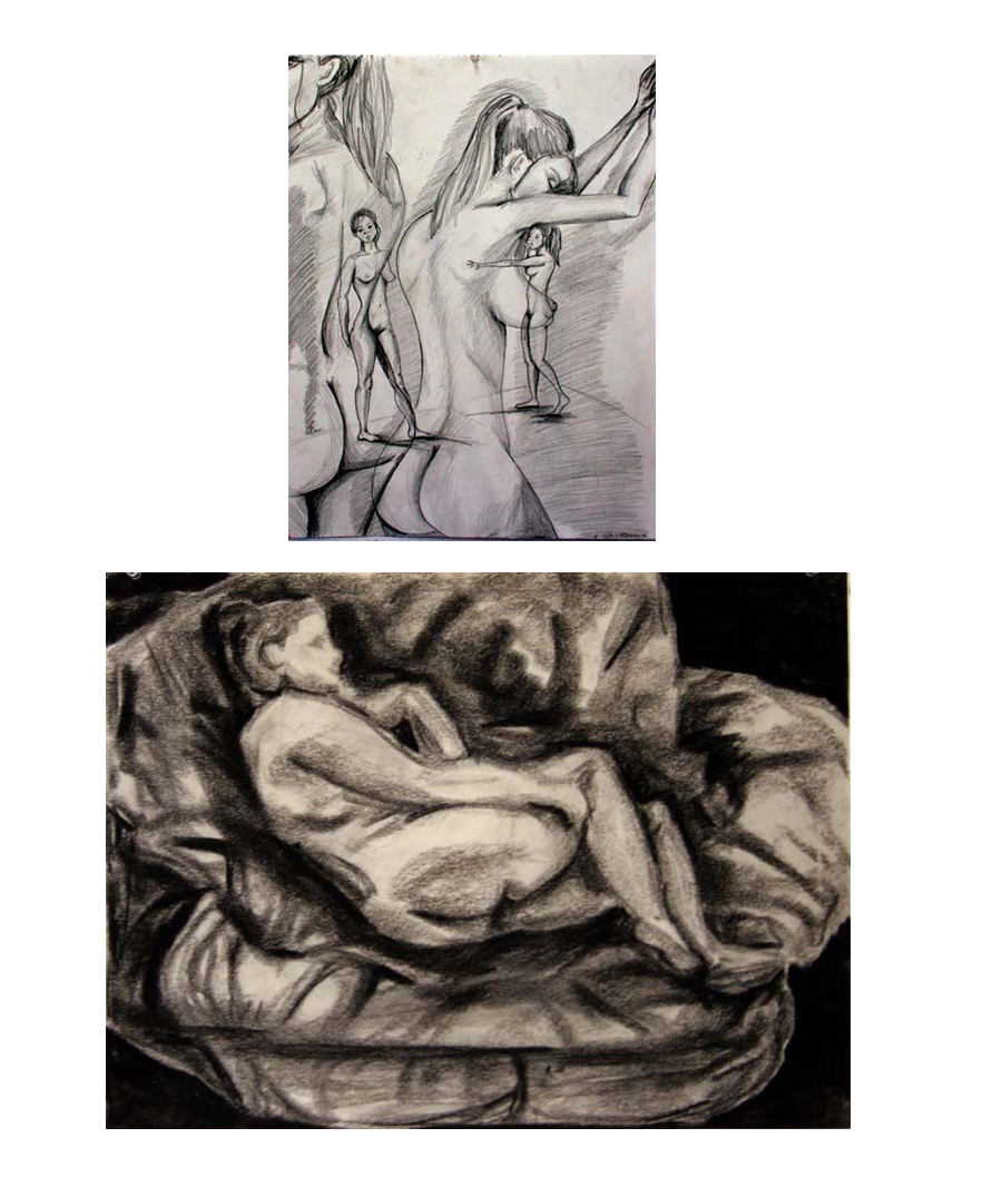Live model figurative drawings created with charcoal, conte, and graphite pencils on paper.